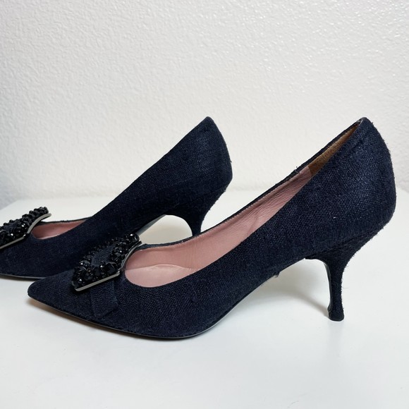 Prada Black Tweed Beaded Buckle Kitten Heels Size 35 - Picture 7 of 10